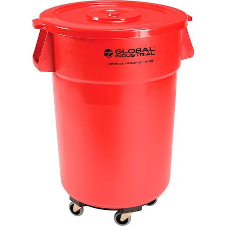 Global Industrial Plastic Trash Can with Lid & Dolly, 44 Gallon Red 240462RDB